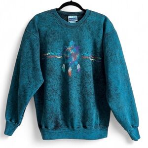 Vintage Hanes Sea Turtle Pullover Sweatshirt Feathers Tribal Turquoise/B…